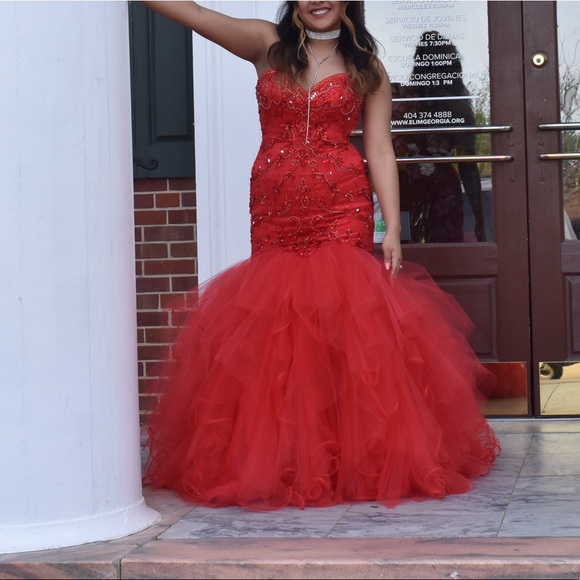 mori lee red mermaid prom dress